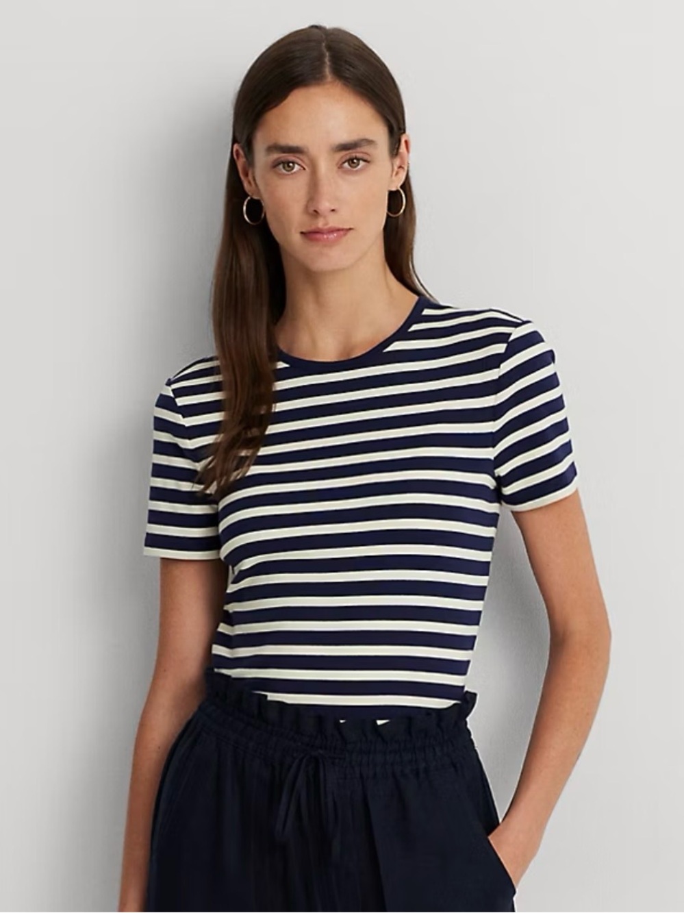 Lauren Ralph Lauren Black and Cream Striped Stretch Cotton Crew Neck Tee Size M